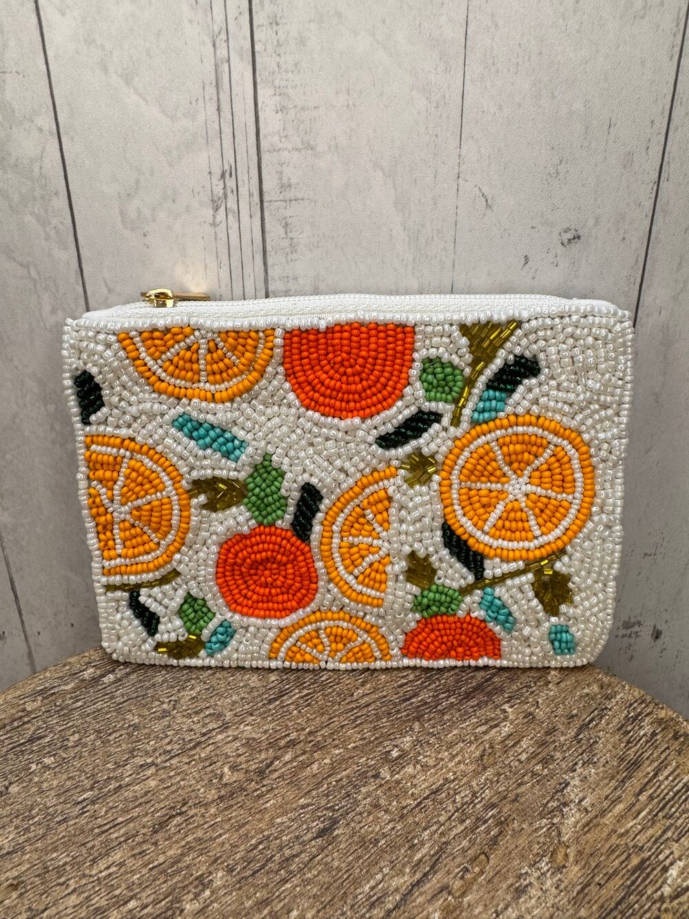 White Beaded Coin Purse Citrus Cute Fruit Pouch Womens Gift for Her NEW!